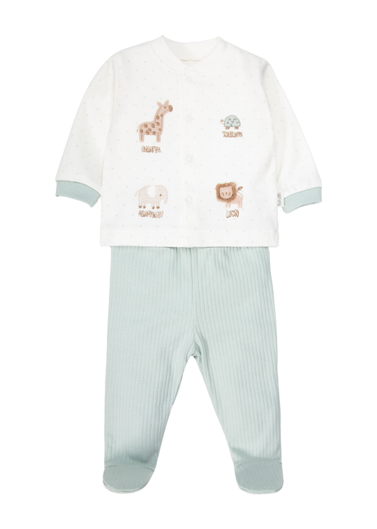 Set de 2 Piese de Pijama din Bumbac, Bluza cu Buline si Pantaloni Striati Verzi cu Botosei, Free Animals F1524 – Bebetto