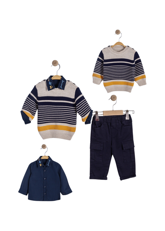 Set 3 Piese Pulover Bej cu Dungi Bleumarin si Galben Camasa si Pantaloni Lungi Bleumarin 16234 Bebsu