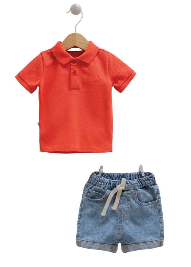 Set 2 Piese Tricou Polo Portocaliu si Pantaloni Denim Scurti 9832 Mell Sweet Baby - Camera Bebelusului