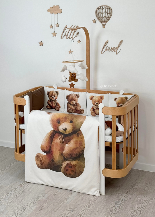 Set Lenjerie Patut 7 Piese Alba cu Imprimeu Ursuleti Maro  70x120 cm INGVART