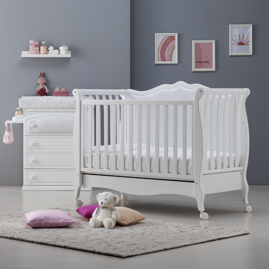 Дитяче ліжечко-трансформер - біле Rinascimento з блакитним розсувним боком 