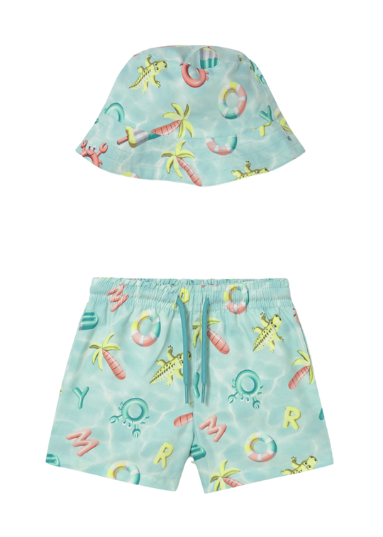 2-Piece Set, Turquoise Swim Shorts and Hat with Print 1660 Mayoral