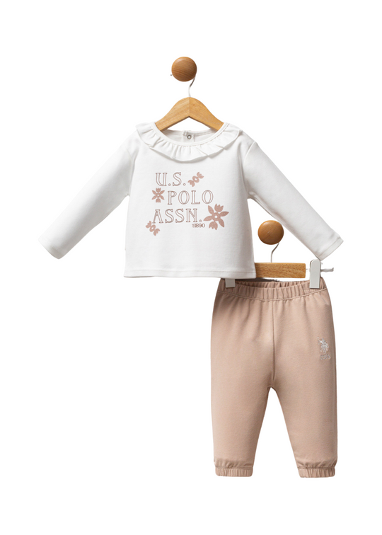 Set 2 Piese Bluza Alba cu Maneca Lunga si Pantaloni Lungi Bej USB2722 Us Polo Assn