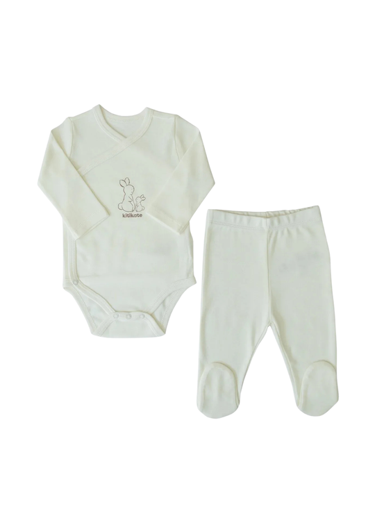 Set 2 Piese Body cu Maneca Lunga si Pantalon Crem Bumbac Organic S80059 KitiKate