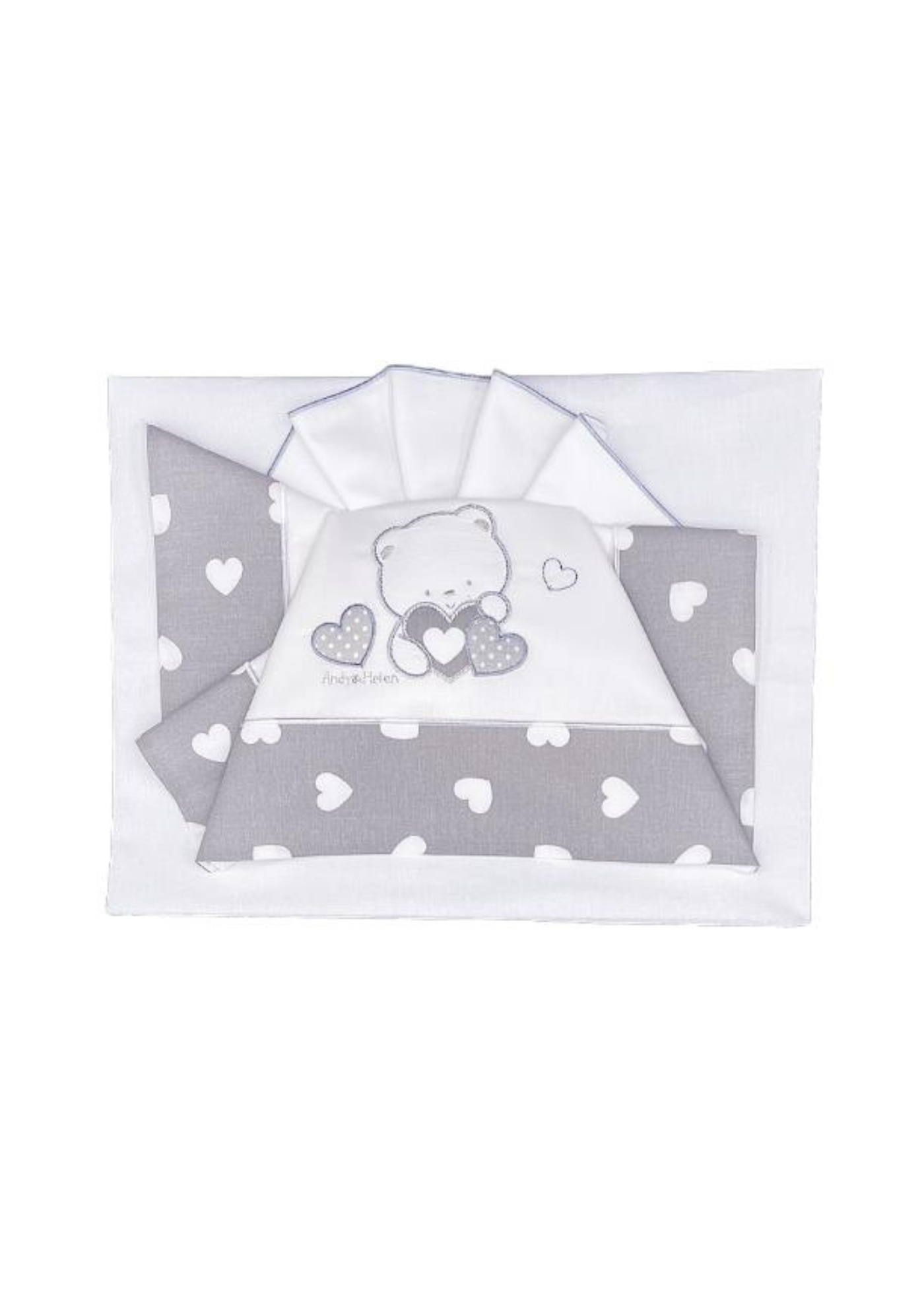 Set Lenjerie Patut 3 Piese Alb-Gri cu Ursulet si Inimioare D70 Andy&Helen