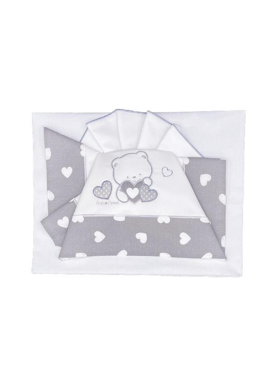 Set Lenjerie Patut 3 Piese Alb-Gri cu Ursulet si Inimioare D70 Andy&Helen