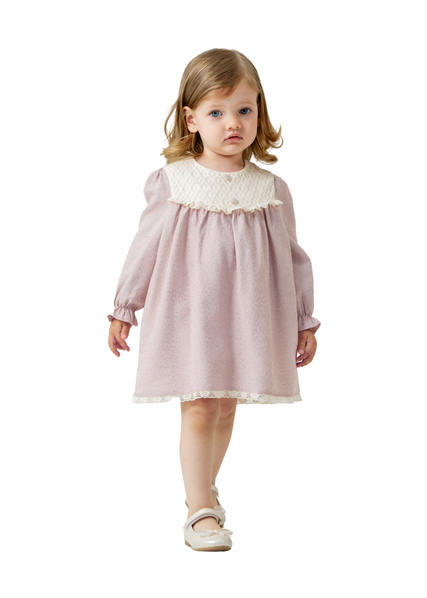 Rochie cu Maneca Lunga Bej Brocard cu Insertie Tricot pe Bust 4404 MyMio