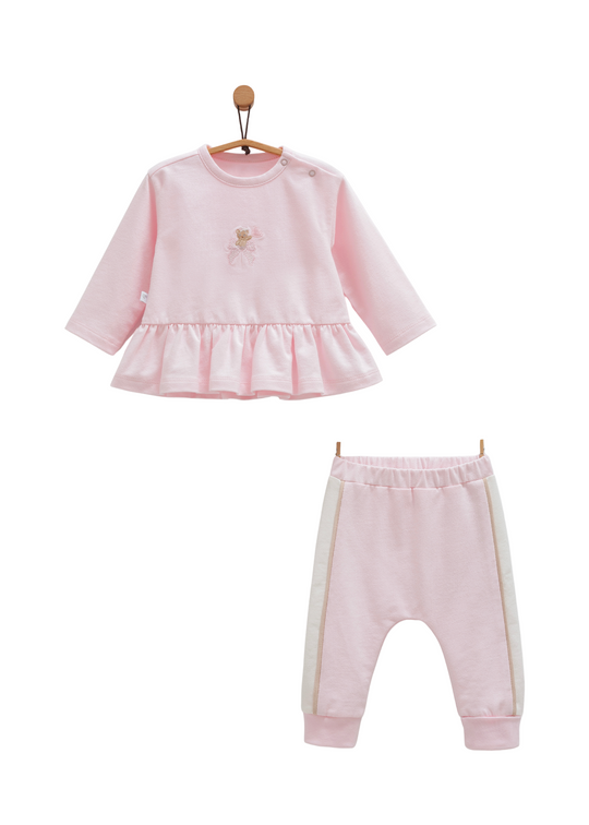 Set 2 Piese Bluza Roz cu Maneca Lunga cu Urs si Pantaloni Lungi cu Dunga Crem TKK1400 Mell Sweet Baby