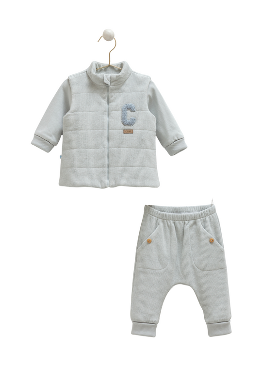 Set 3 Piese Bleu Bluza si Pantaloni Lungi Bumbac si Vesta Matlasata cu Fermoar TKE2055 Mell Sweet Baby