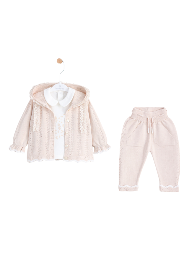 Set 3 Piese Bej Tricotat Hanorac cu Dantela Pantaloni si Bluza 8525 Leo King