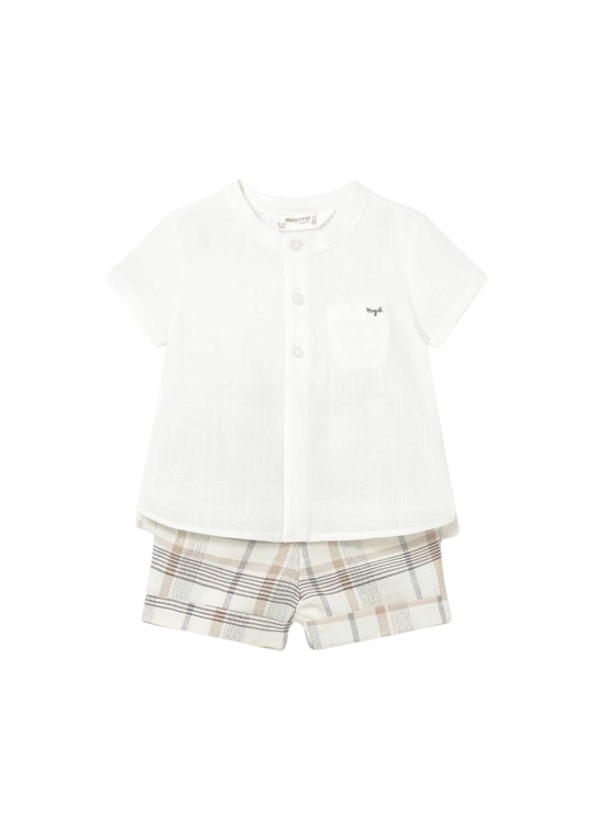 2-piece set cream short-sleeved shirt beige check shorts art 1270 col 28 Mayoral