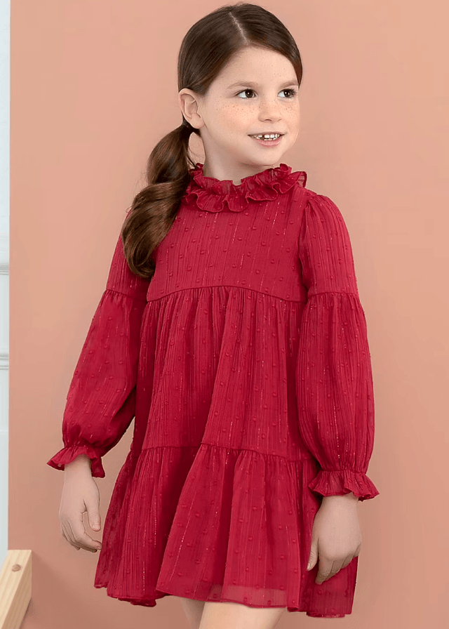 AnneBebe - Rochie cu Maneca Lunga Rosie din Voal cu Volanas la Guler 5535 Abel & Lula