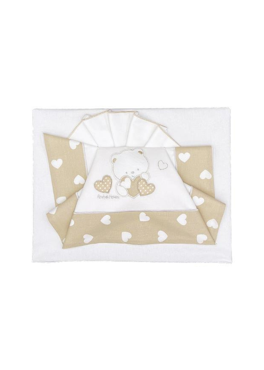 Set Lenjerie Patut 3 Piese Alb-Crem cu Ursulet si Inimioare D70 Andy&Helen