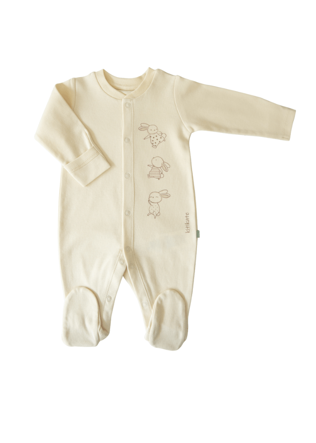 AnneBebe - Salopeta din Bumbac Organic pentru Fetite, Crem cu Iepurasi S71149 Kity Kate