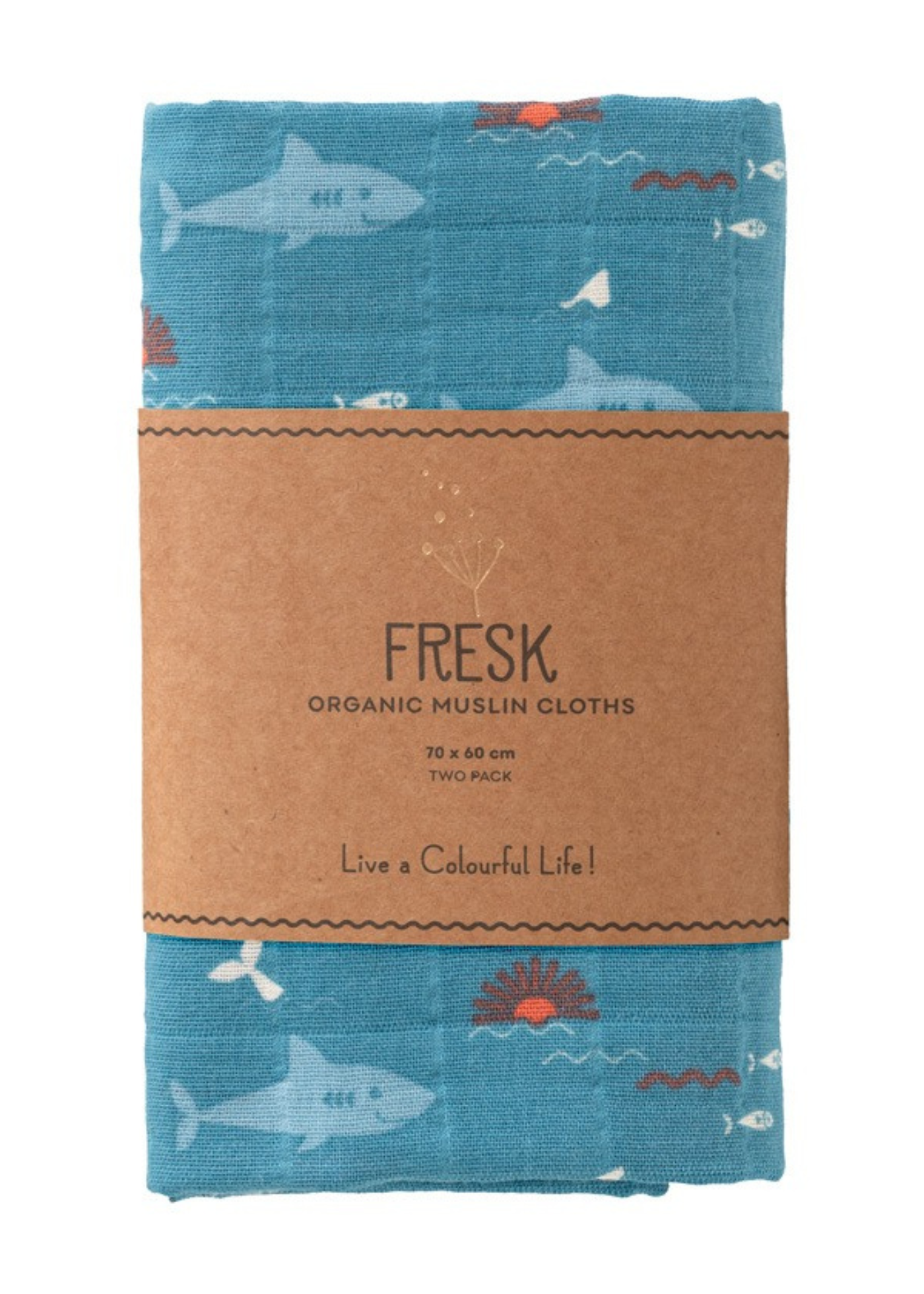 Set of 2 Muslin Blankets Navy Blue with Shark Print Made of Organic Cotton 70x60 cm F115-88 Fresk