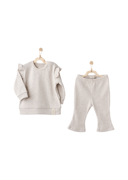 Set 2 Piese Bej Bluza si Pantaloni Lungi Evazati Bumbac Ripsat AC25203 Andywawa