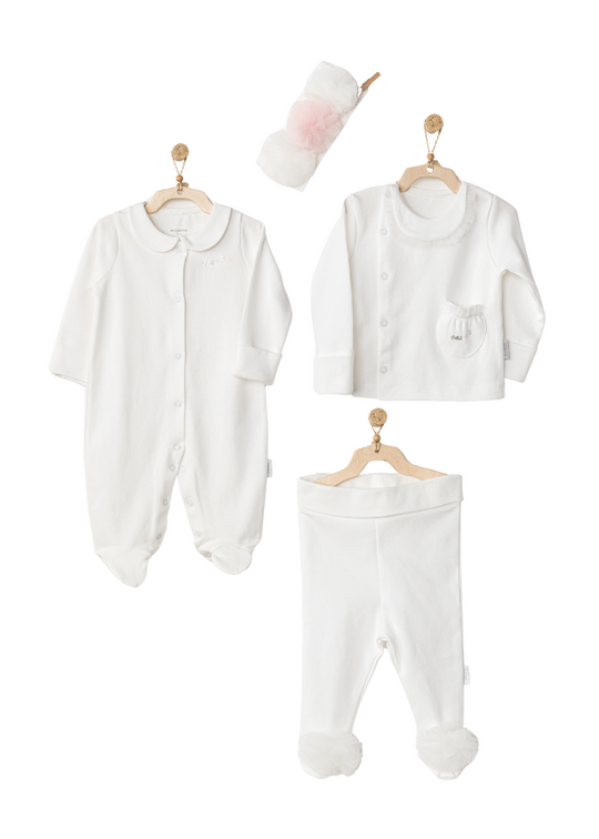 Set 4 Piese Crem Salopeta Bluza Pantaloni si Bentita cu Pampoane din Tulle AC24501 Andywawa