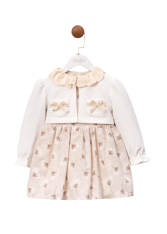 Set 2 Piese Rochie Bej cu Maneca Lunga si Bolero Crem MJ125 Mary & Joe