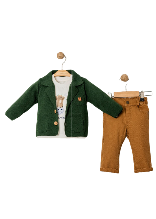 Set 3 Piese Cardigan Tricotat Verde cu Rever Bluza Crem cu Urs si Pantaloni Maro 15041 Bebus