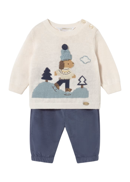 Set 2 Piese: Pulover Tricotat Crem si Pantaloni Bleumarin pentru Baieti 2533 – Mayoral