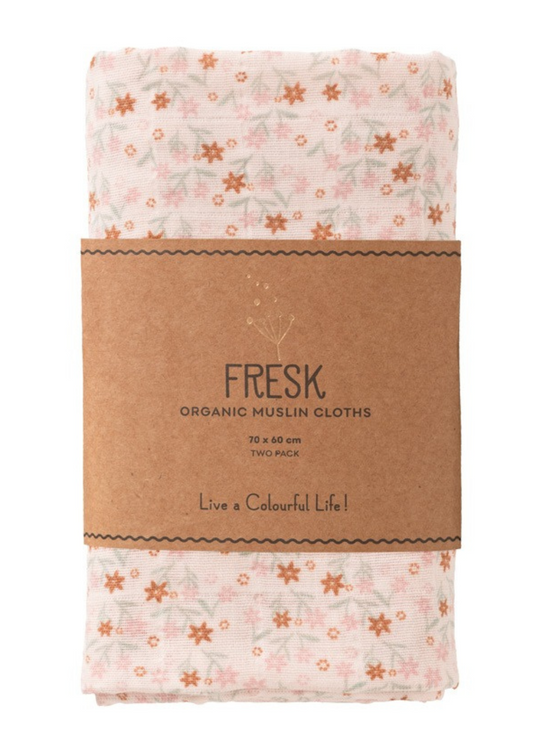 Set of 2 Pink Muslin Blankets with Floral Print Made of Organic Cotton 70x60 cm F115-75 Fresk