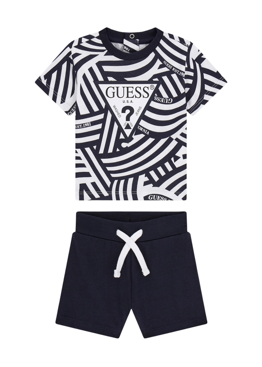 Set 2 Piese Tricou Alb cu Imprimeu Negru si Pantaloni Scurti Negri I6RG08 K8HM4 PJ09 Guess