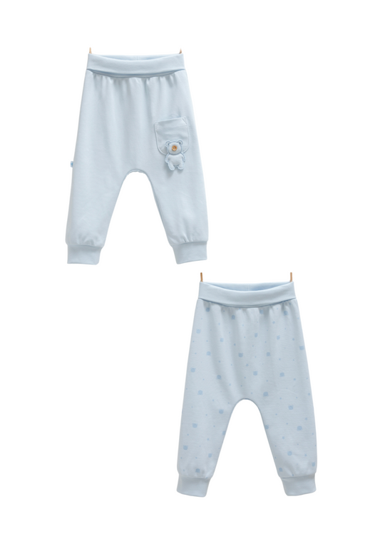 Set 2 Perechi de Pantaloni din Bumbac Bleu cu Ursulet APE1466 Mell Sweet Baby