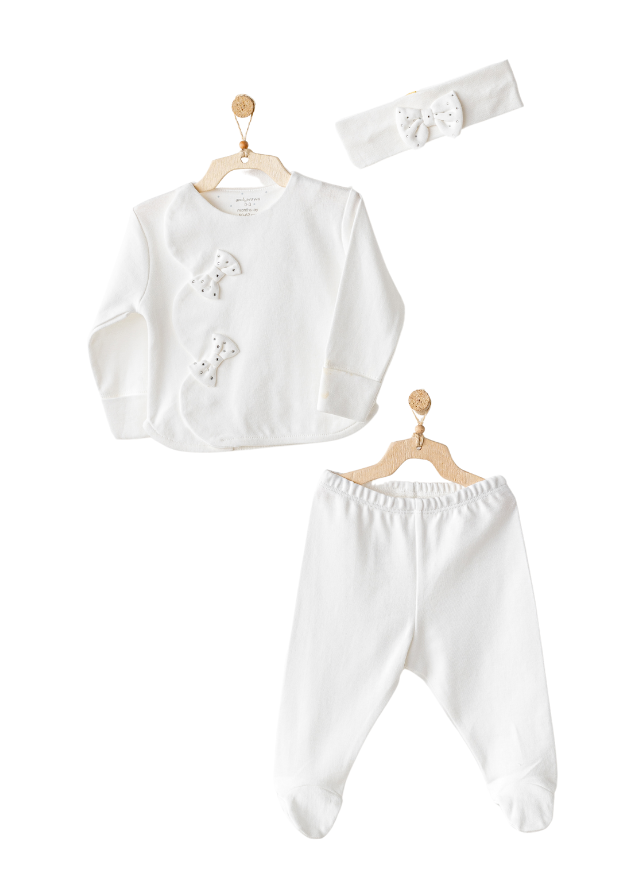 Set 3 Piese Crem Bluza cu Accesorii Funde cu Strasuri Pantaloni Lungi si Bentita AC25824 Andywawa