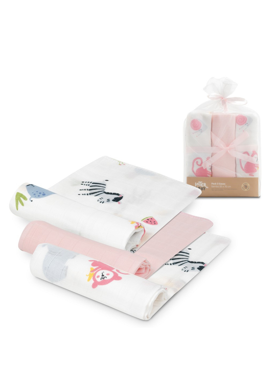 Set 3 Scutece Muselina Bambus Alb-Roz Imprimeu Animale – Jungla – 55x70 cm 98977 Interbaby