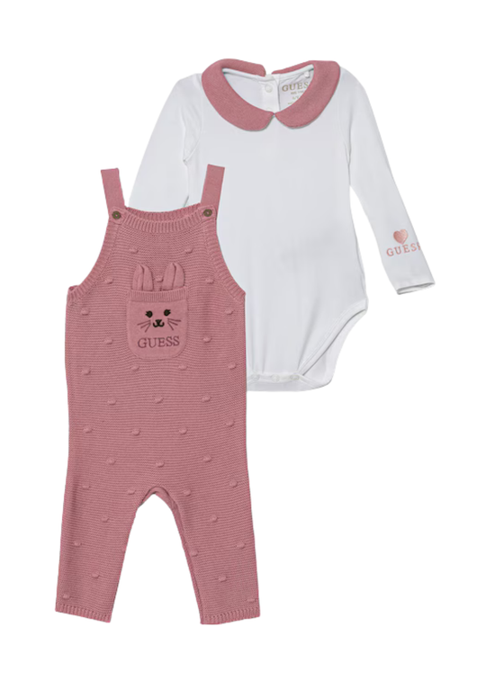 Set 2 Piese Salopeta Lunga Tricotata Roz si Body cu Maneca Lunga S5YG09 K6YW1 G67G Guess