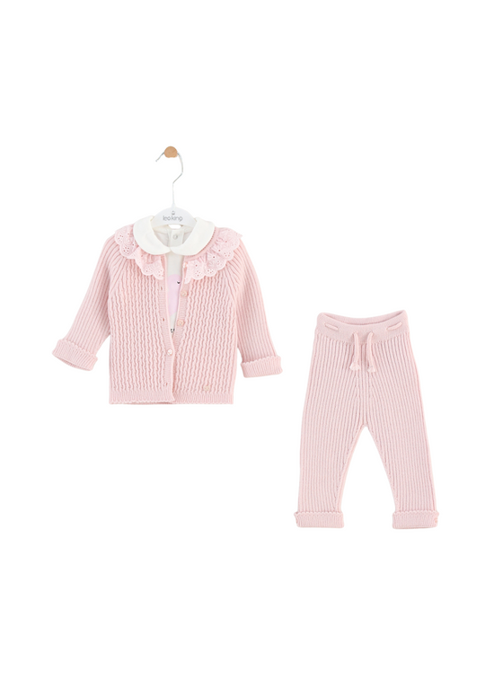 Set 3 Piese Cardigan si Pantaloni Roz din Lana Merinos si Bluza din Bumbac cu Ratusca 9576 Leo King