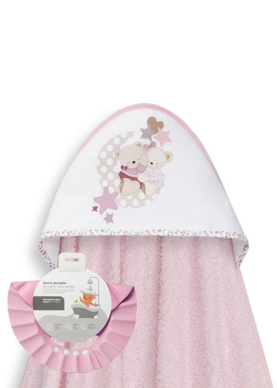 Prosop cu Capison Roz 100x100 cm+Protectie Cap cu Ursuleti Imbratisati 01279-02 – Interbaby