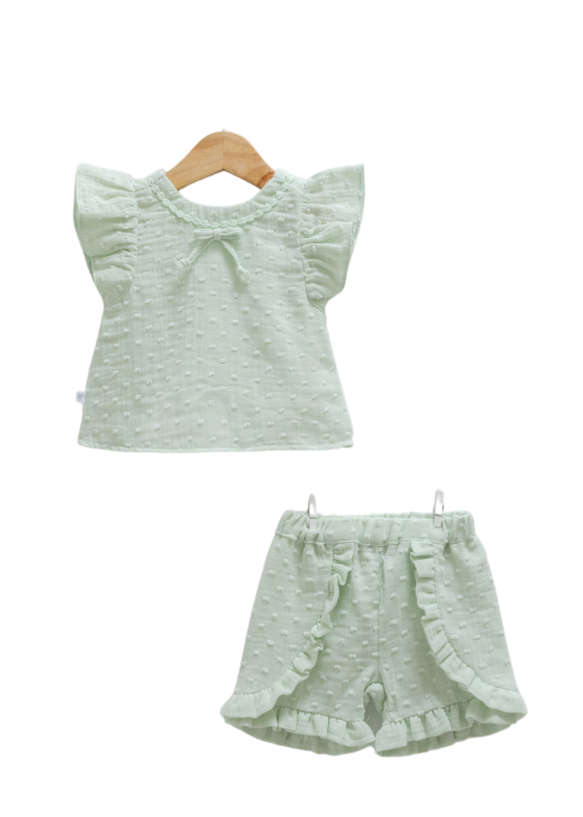 Set 2 Piese Verde, Top cu Maneca Scurt si Pantaloni Scurti din Bumbac cu Model 9709 Mell Sweet Baby - Camera Bebelusului