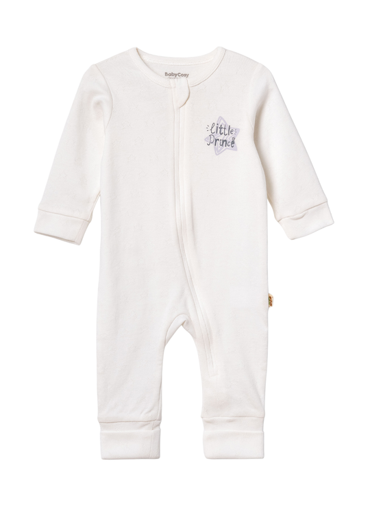Salopeta Lunga din Bumbac Organic Crem cu Fermoar Stea Gri Little Prince CSYR4526 Baby Cosy