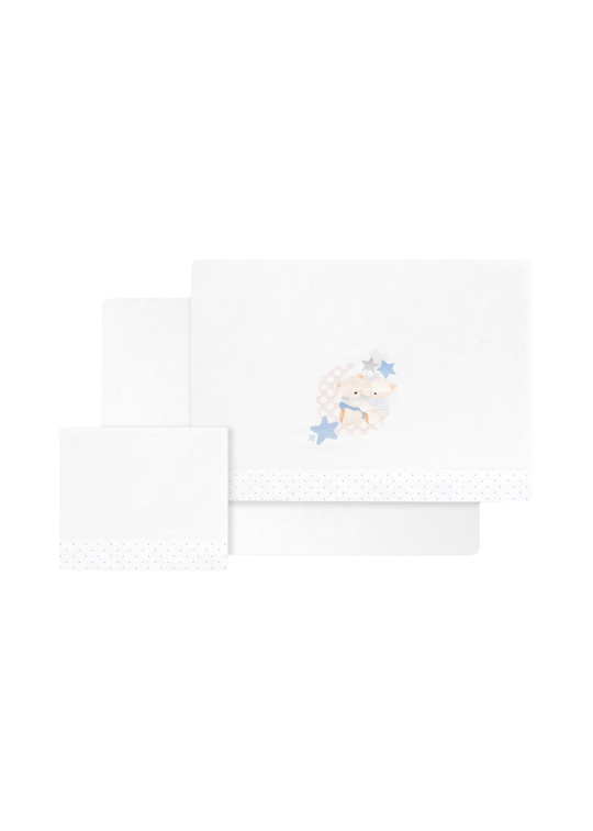 Set Lenjerie Patut 3 Piese Alba cu Ursuleti Imbratisati Bleu 03350-11 – Interbaby