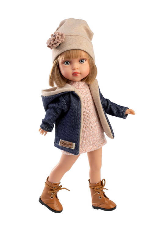 Papusa Penelope Madrid, 33 cm, Corp Vinil, Par Blond cu Rochita Tricotata Roz si Jacheta cu Blanita Bleumarin 857 Guca
