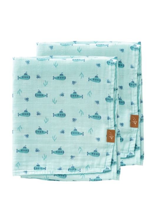Set 2 Paturici Muselina din Bumbac Organic Turqoaz cu Imprimeu Submarine 70x60 cm F115-72 Fresk