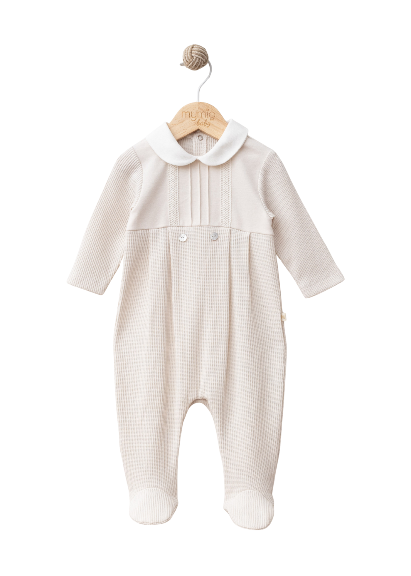 Salopeta Lunga Bumbac Gofrat Bej cu Guler Rotund Alb 4386 MyMio