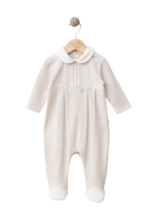 Salopeta Lunga Bumbac Gofrat Bej cu Guler Rotund Alb 4386 MyMio