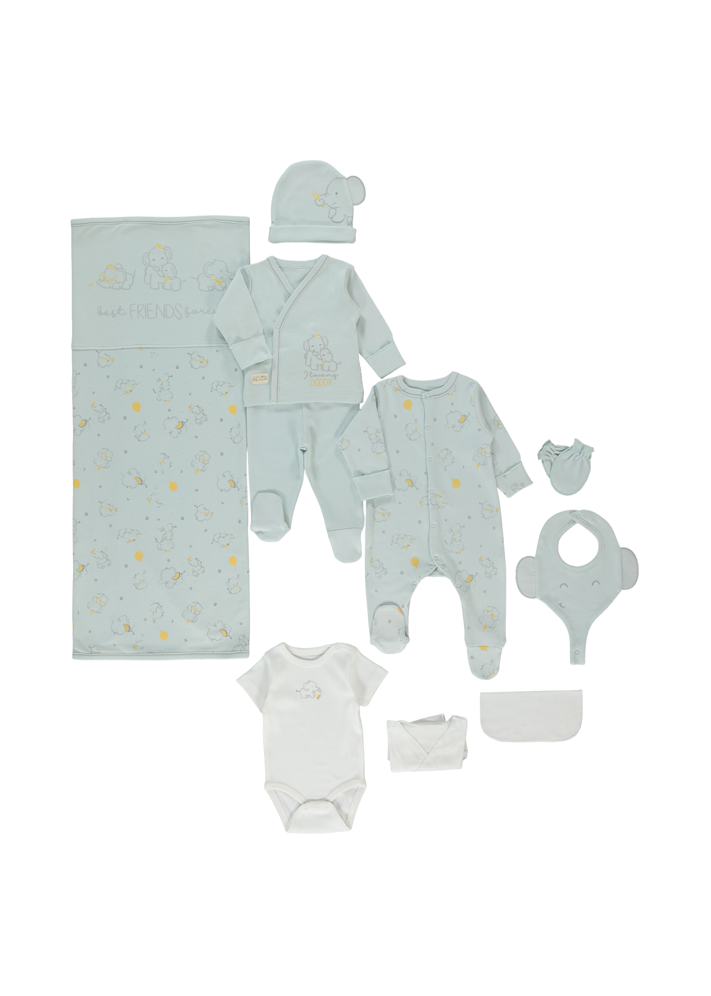 Set 10 Piese Maternitate Verde Menta cu Imprimeu Elefanti Z1054 Bebetto