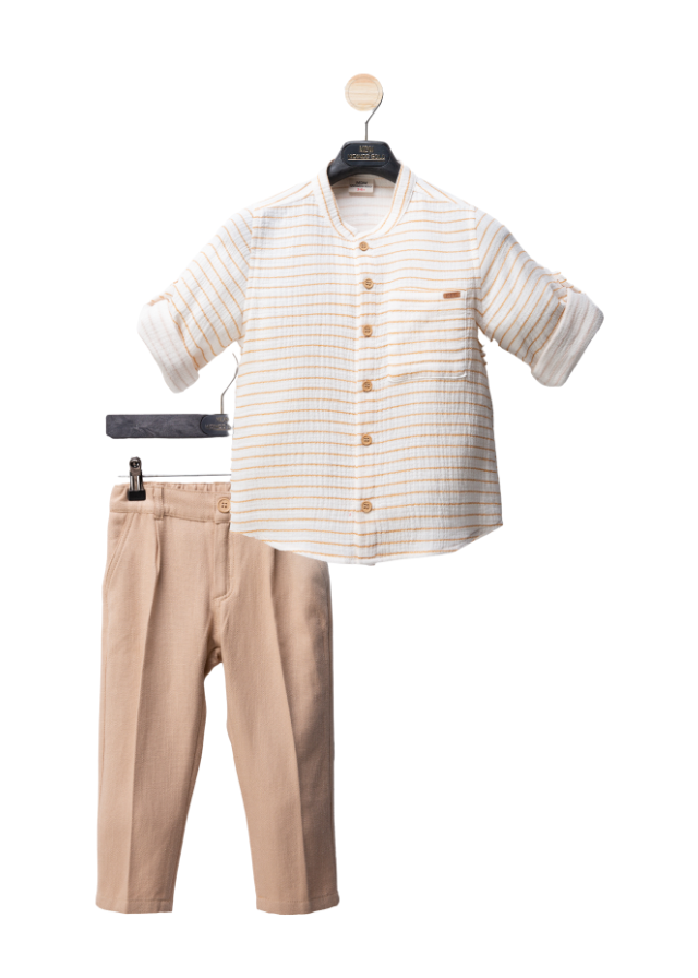 Set 2 Piese Camasa Crem cu Dungi Bej si Pantaloni Lungi Camel M54191 Midimod Gold