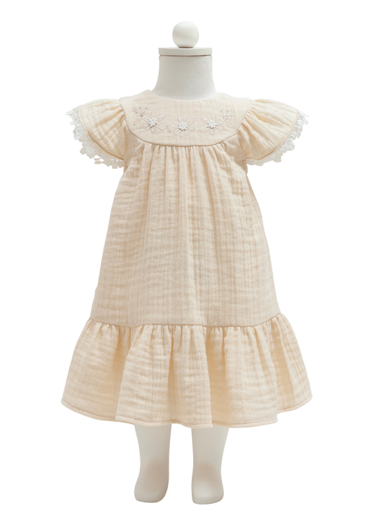 Rochie Muselina Bej cu Broderie pe Bust Smile ELB2405 Mell Sweet Baby