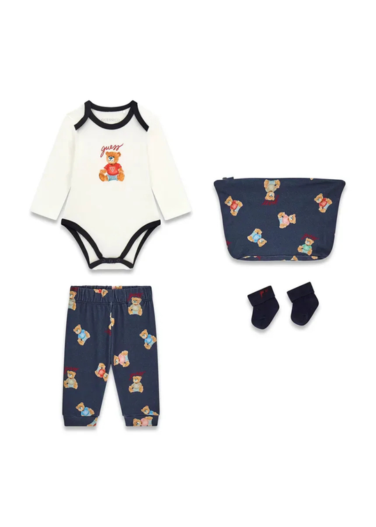 Set 4 Piese Body, Pantaloni si Sosete din Bumbac cu Portfard pentru Bebelusi H6YG08 – Guess