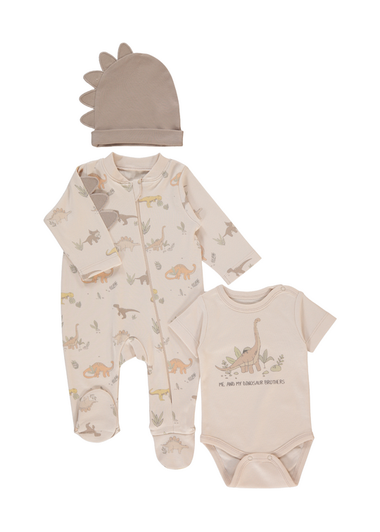 Set 3 Piese Bej cu Dinozauri Salopeta Lunga Body cu Maneca Scurta si Fes Z1042 Bebetto