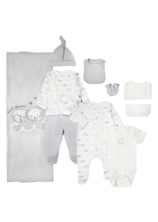 Set pentru Nou-Nascuti din Bumbac Organic cu Norisori si Paturica cu Ursulet Gri Z1178 – Bebetto