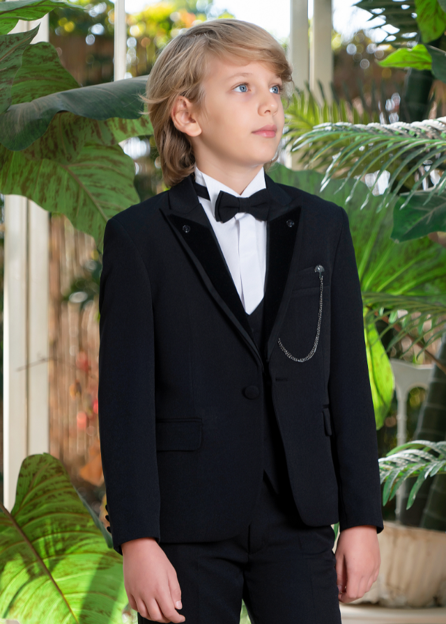 Costum Ceremonie 5 Piese Negru Sacou cu Rever Catifea 20358 Little Gentleman