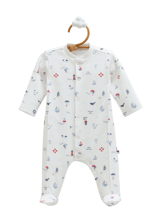 Salopeta Lunga din Bumbac Crem cu Imprimeu Marinaresc TE2454 Mell Sweet Baby