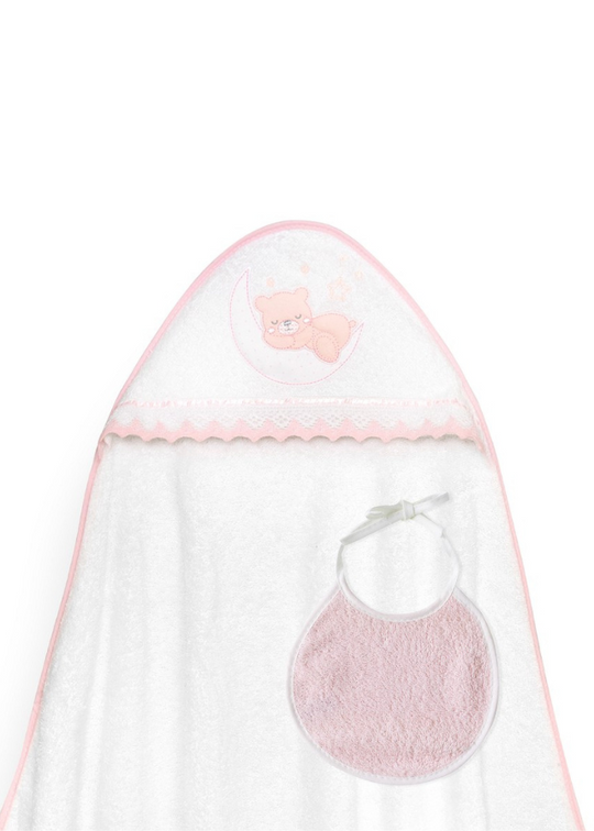 Prosop cu Capison 100x100 cm si Bavetica Alb-Roz cu Ursulet pe Semiluns 01248-12 Interbaby