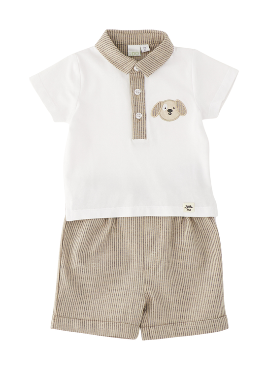 White Polo Shirt with Beige Collar and Beige Striped Shorts 4.G151/00 iDO