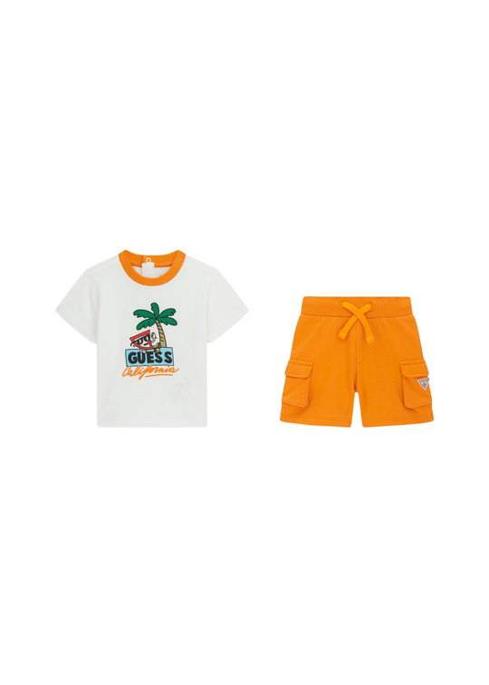 Set 2 Piese Tricou Alb cu Palmier si Pantaloni Scurti Portocalii I6GG06 K8HM4 G011 Guess